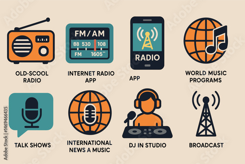Radio and music silhouette icons set – app, broadcast, audio symbols collection
