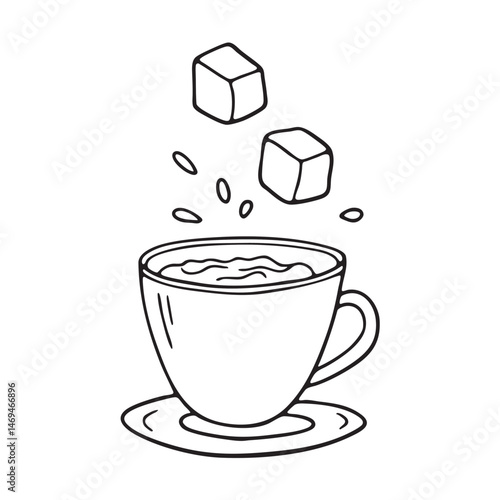 Two sugar cubes dropping into a glass of hot drink