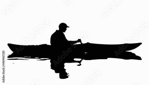 Silhouette of kayaker paddling on calm water, adventure in nature