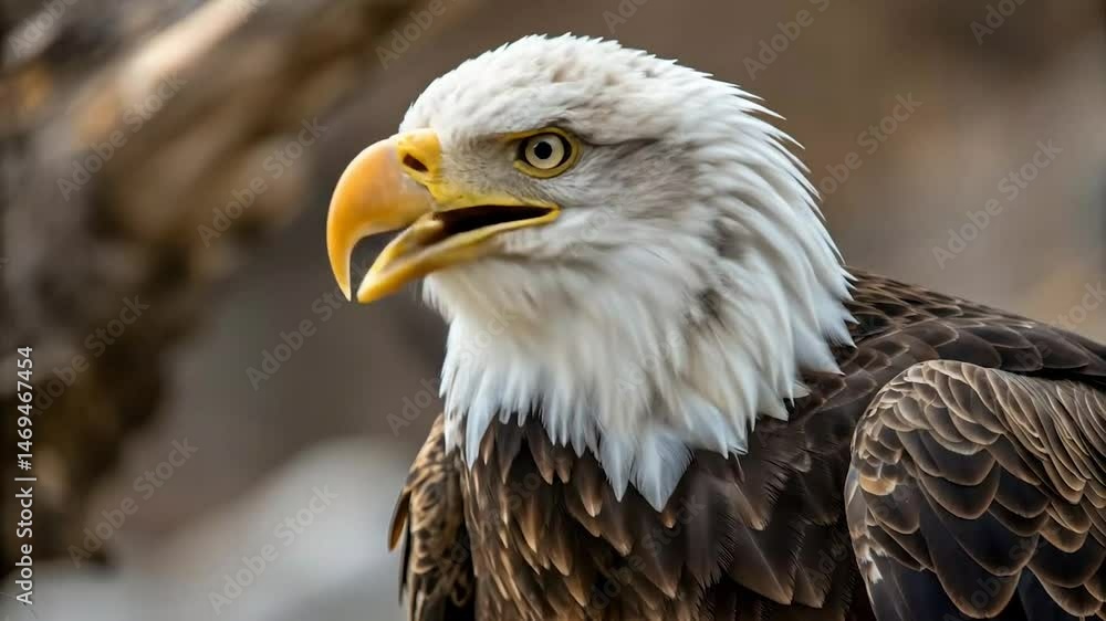 Bald Eagle Close-Up Portrait with Sharp Beak and Detailed Feathers, Intense Gaze, Photorealistic Wildlife Nature Scene in 8K Ultra HD ai generate video defocused