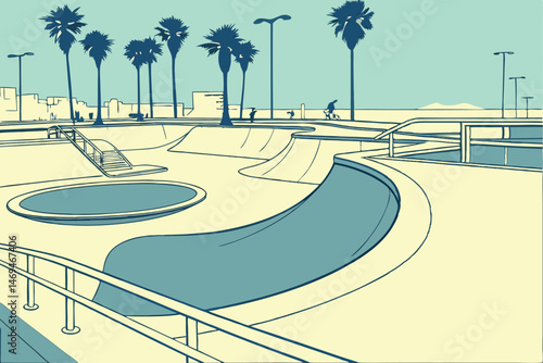31 a skatepark with smooth concrete bowls and ramps, palm trees and blue sky, serene and inviting atmosphere, wide open layout, urban landscape, contemporary architecture, bright and sunny, calm and p