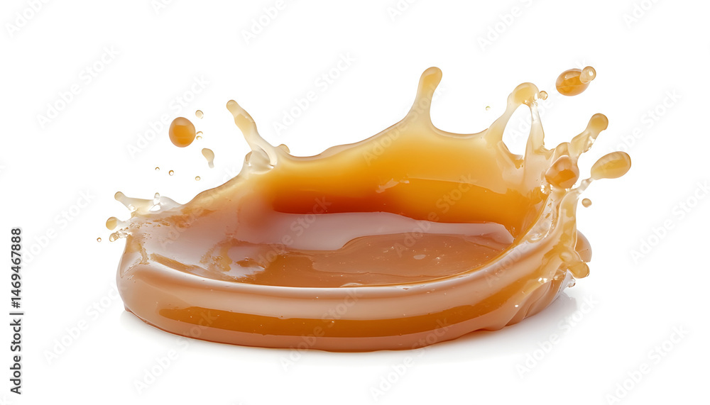 Caramel sauce splash isolated on white background, liquid syrup splash, caramel sugar candy or melted caramel