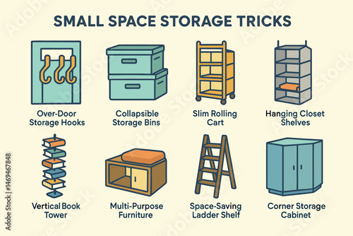 Small space storage icons set – outline, flat, organizational and space-saving solutions