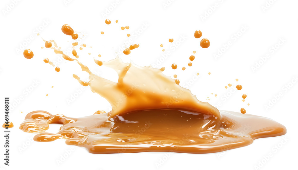 Caramel sauce splash isolated on white background, liquid syrup splash, caramel sugar candy or melted caramel