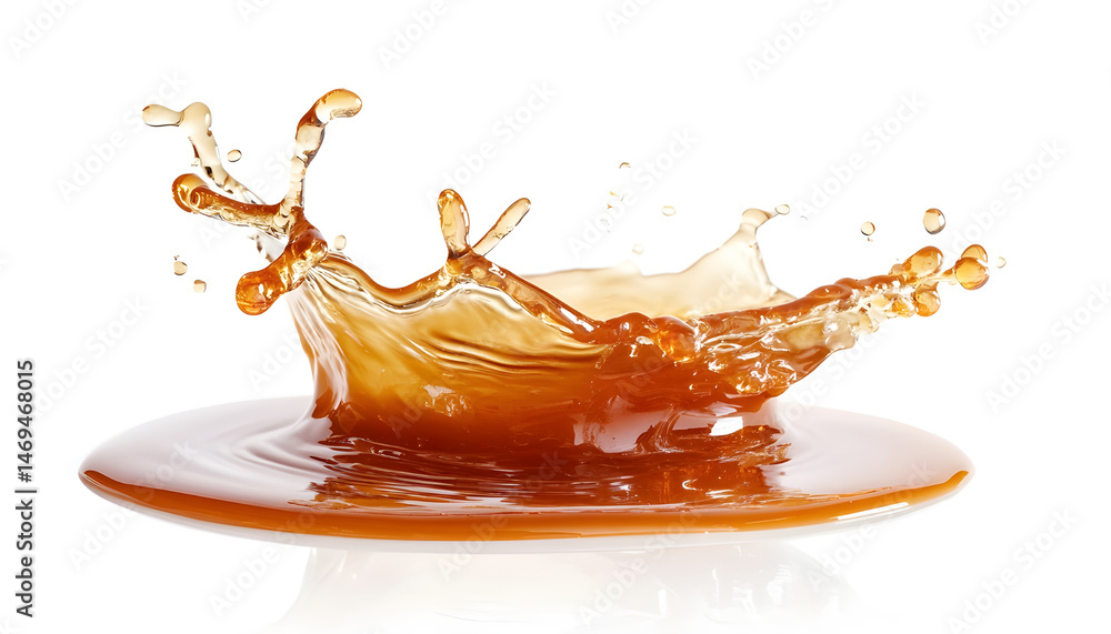 Caramel sauce splash isolated on white background, liquid syrup splash, caramel sugar candy or melted caramel
