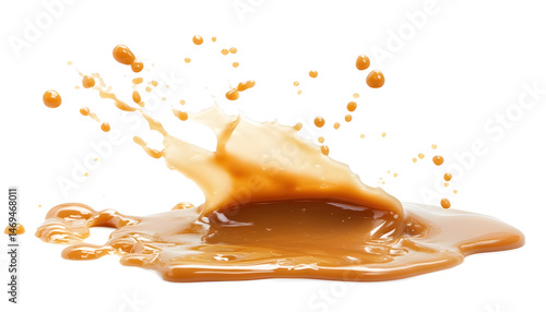 Obraz na płótnie Caramel sauce splash isolated on white background, liquid syrup splash, caramel sugar candy or melted caramel w salonie