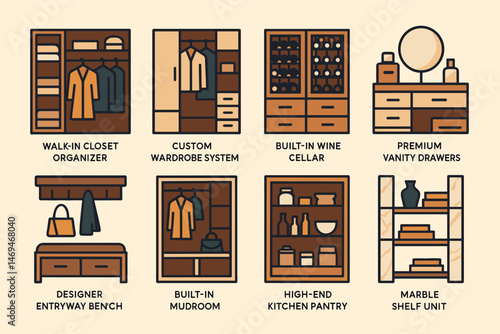 Home furniture and organization outline icons set – linear, storage, decor symbols