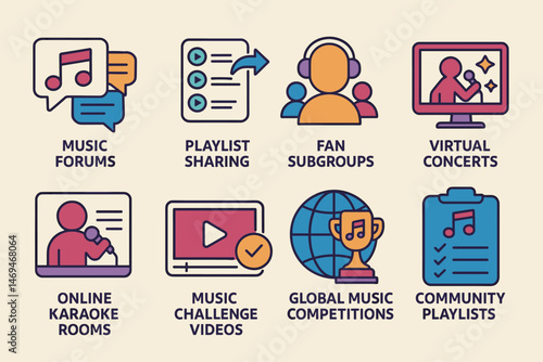 Music forums flat icons set – playlist, fan subgroups, virtual concert symbols