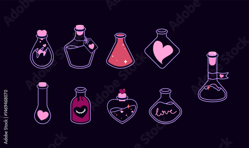 Vector illustration set of magic potions, mystical elixirs and remedies for love enchantment. Mystical and romantic collection of different flasks.