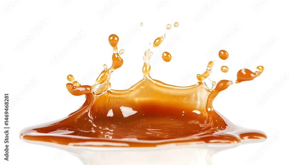Caramel sauce splash isolated on white background, liquid syrup splash, caramel sugar candy or melted caramel