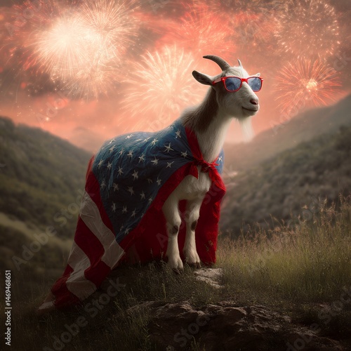 A goat is dressed in an American flag and sunglasses, standing on a grassy hillside