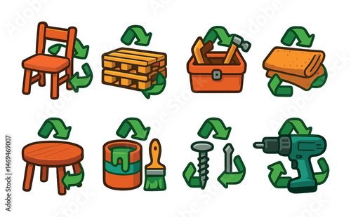 Recycling and upcycling flat icons set – eco-friendly, sustainable, waste management symbols