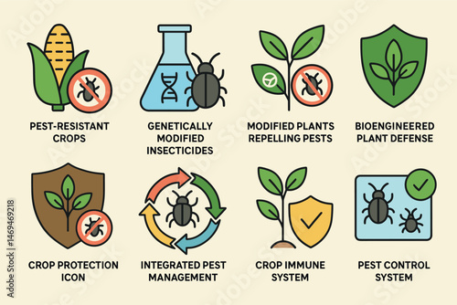 Agricultural bioengineering outline icons set – crops, modified, pest control symbols