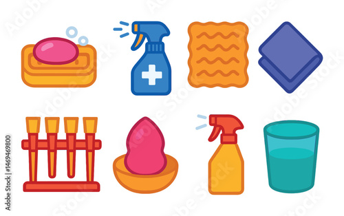 Household cleaning flat icons set – filled, domestic, sanitation graphics