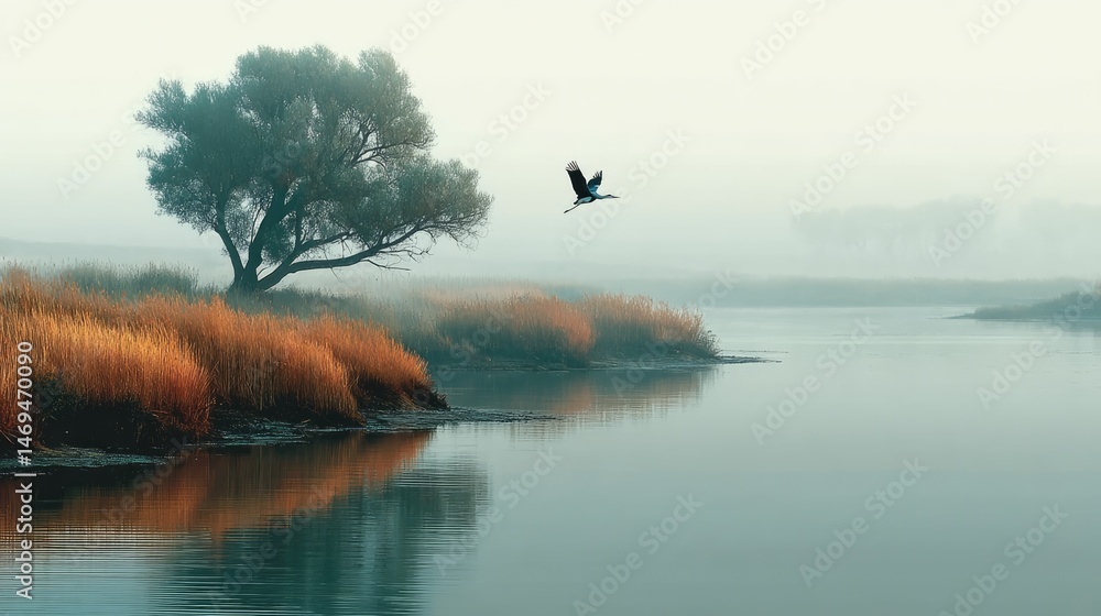 Fototapeta premium Eagle in flight over tranquil lake nature scene reflective waters serene environment