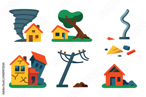 Natural disaster flat icons set – emergency, crisis, damage relief symbols