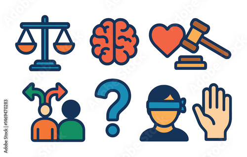 Law and justice icons set – flat, outline, legal and courtroom symbols