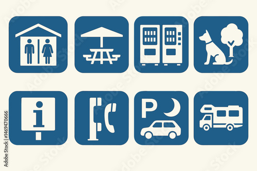 Public facilities solid icons set – silhouette, filled, amenities and services symbols
