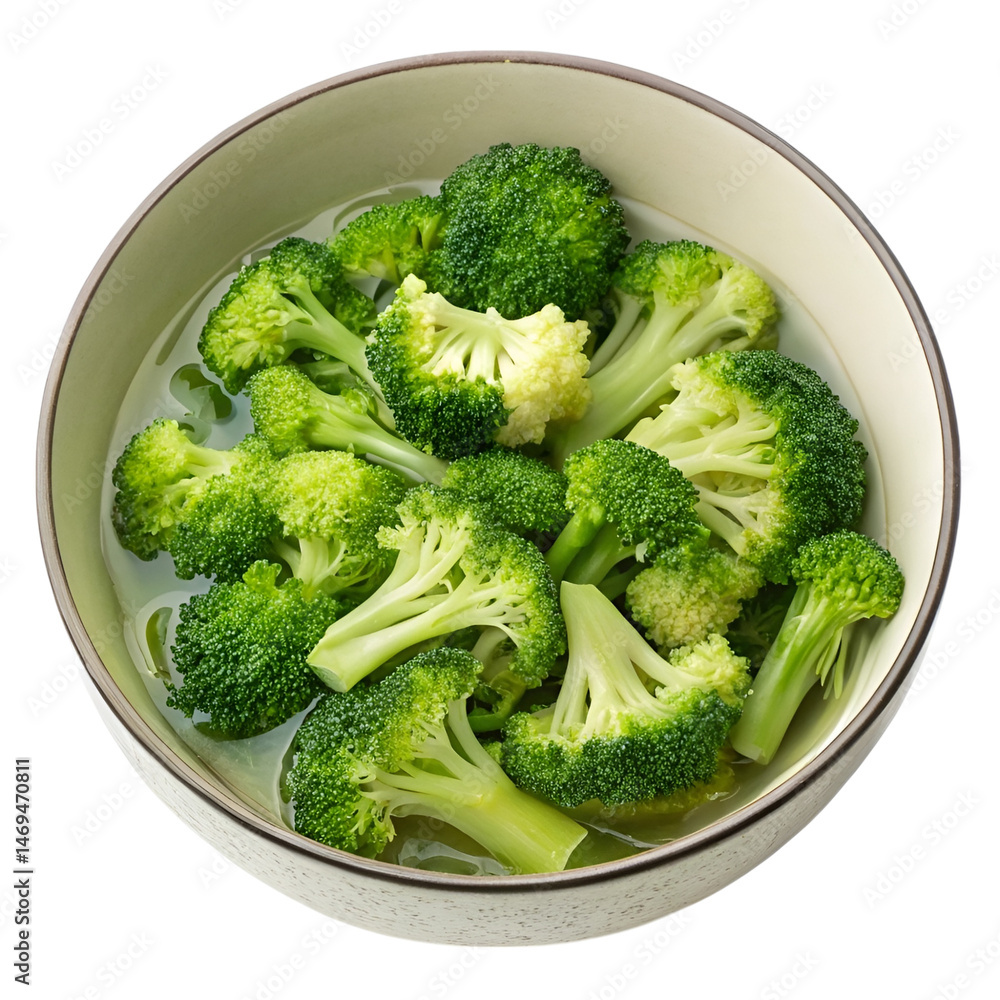 Tigela com brócolis verdes cozidos ao vapor, aparência fresca e nutritiva, vista superior, isolada em fundo transparente. Tigela com brócolis verdes cozidos ao vapor, aparência fresca e nutritiva, vista superior, isolada em fundo transparente.