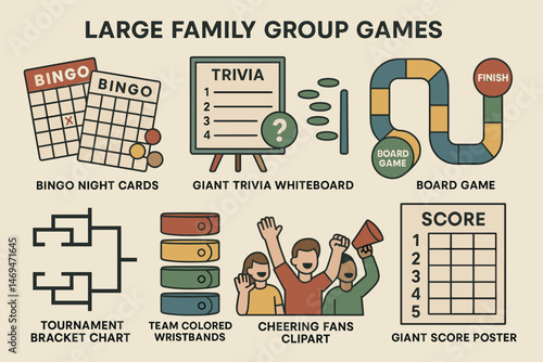 Family board games flat icons set – game night, trivia, bingo symbols