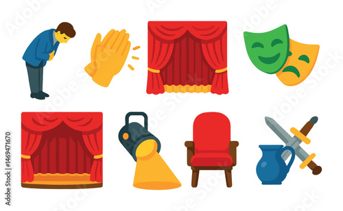 Theater and performance flat icons set – drama, stage, actor symbols