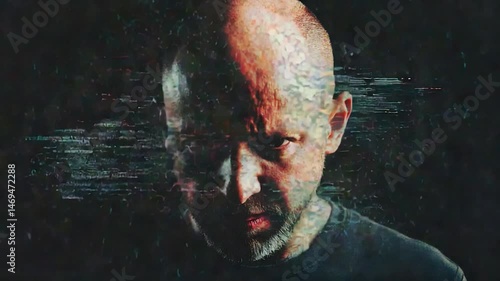 close-up of an adult male's face with glitch effect