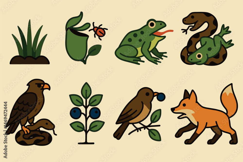 Fototapeta premium Nature and wildlife outline icons set – linear, silhouette, forest animals and plants