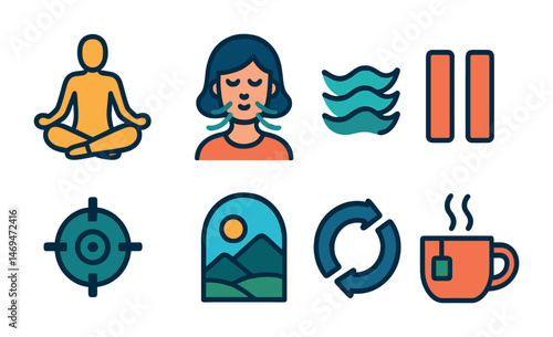 Meditation and relaxation flat icons set – calm, zen, peaceful design elements