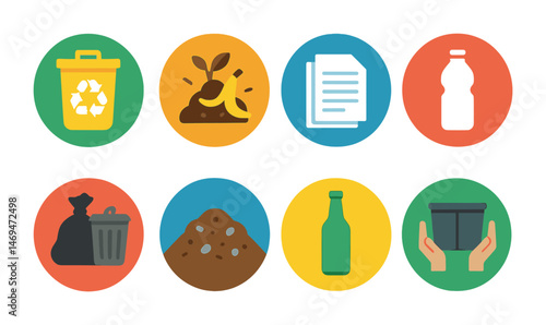 Recycling and waste management icons set – flat, filled, eco-friendly symbols