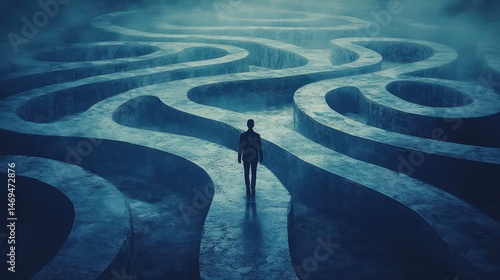 A solitary figure stands in a labyrinth, conveying reflection and uncertainty.