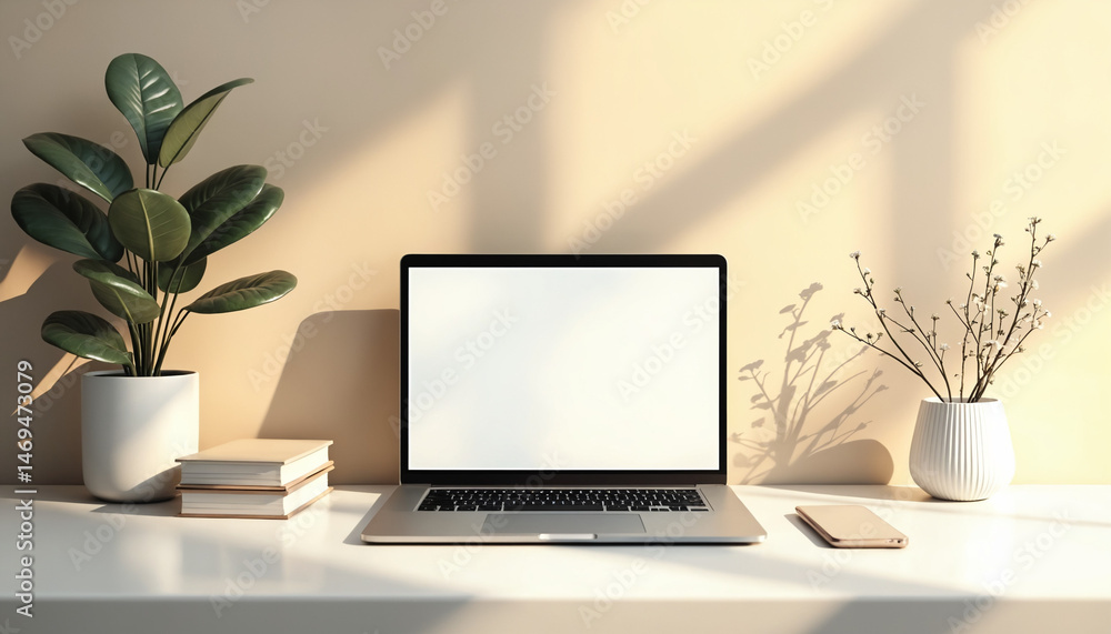Fototapeta premium Minimalist sunlit desk with laptop mockup, beige and white with green accents, home office workspace with copy space