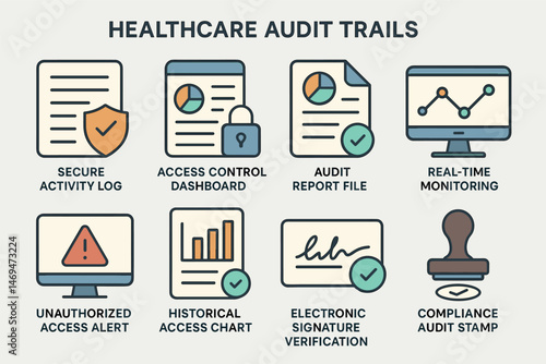 Healthcare audit trails icons set – flat, outline, compliance and access symbols