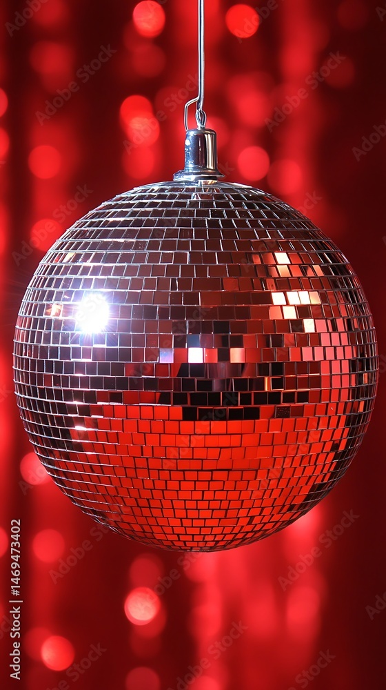 Obraz premium Reflective disco ball against a red background.