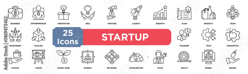 startup icon collection set. Containing business,entrepreneur,innovation,idea,venture,launch,growth,plan,product and team icon. Simple line vector.