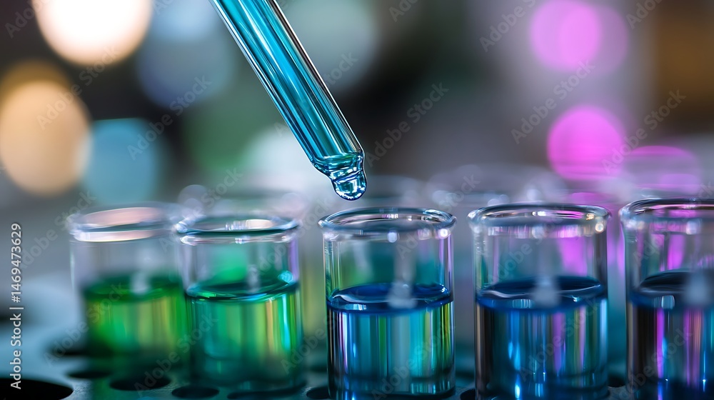 Close-up of a pipette dropping blue liquid into test tubes with colorful liquids Close-up of a pipette dropping blue liquid into test tubes with colorful liquids