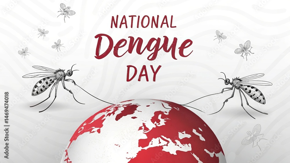 Fototapeta premium National Dengue Day, Two mosquitoes pulling a red-spotted globe on dengue awareness day.