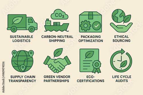 Sustainable supply chain icons set – flat, filled, logistics and eco-friendly symbols