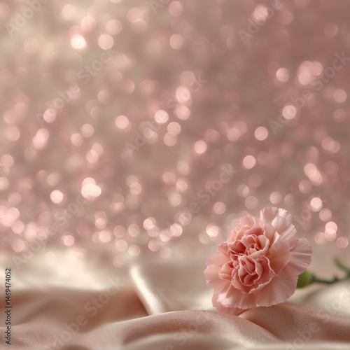 Pink carnation on silk fabric with pink bokeh background.