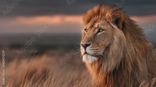 Majestic lion prowling the savannah at golden hour stunning wildlife photography in nature