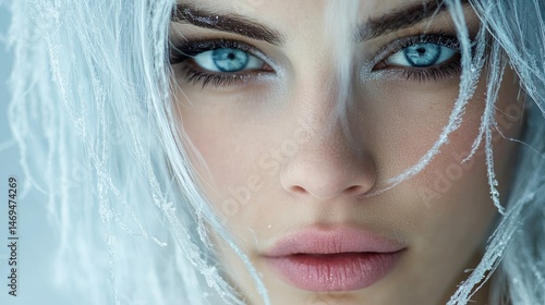 Snow spirit close-up with frost-kissed lips, ice-blue hair, ephemeral frozen beauty.