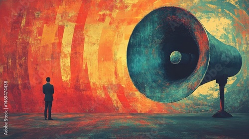Abstract representation of communication with a large megaphone and a man.