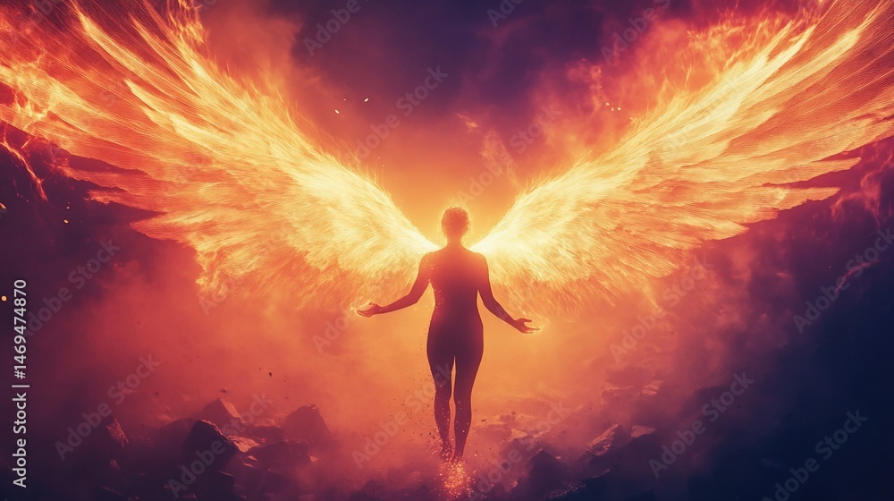 Ethereal Being with Fiery Wings in Mystical Landscape of Red and Black Sky Ethereal Being with Fiery Wings in Mystical Landscape of Red and Black Sky