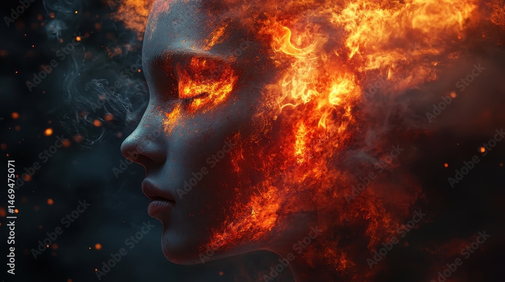 Artistic representation of a face engulfed in colorful flames and smoke.