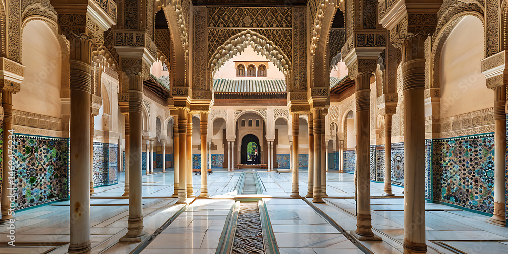 Obraz premium Intricate Arches and Columns in a Spacious Moroccan Palace Corridor