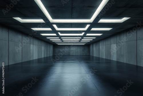 Empty, modern concrete hall lit by glowing overhead panels