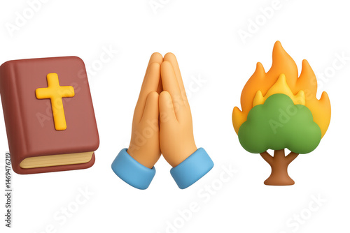 Emoji of praying hands, bible, and burning tree symbolizing faith and environment