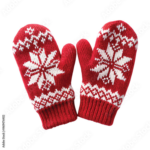 Winter Mittens Pair: A pair of knitted winter mittens with snowflake patterns, red and white color, isolated on transparent background PNG