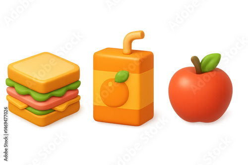 3d cartoon lunch set with sandwich, juice box, and apple