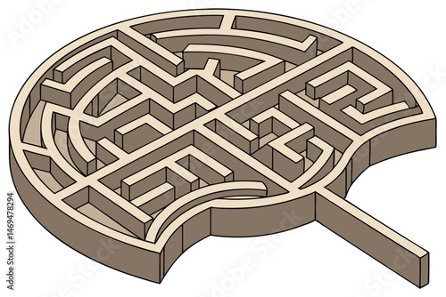 39 wooden brain maze, intricate labyrinth puzzle, 3D wooden brain model, abstract brain shape with maze-like pattern, complex wooden brain puzzle, brain-shaped wooden maze, intriguing wooden brain maz