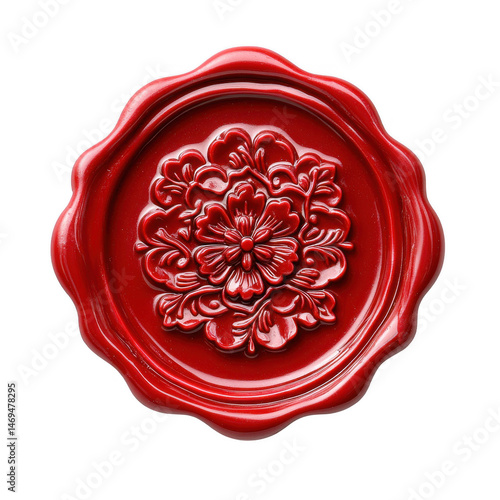 Red wax seal with floral design isolated on transparent background